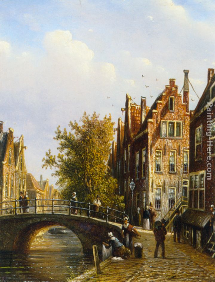 A Dutch town with figures on a canal painting - Johannes Franciscus Spohler A Dutch town with figures on a canal art painting